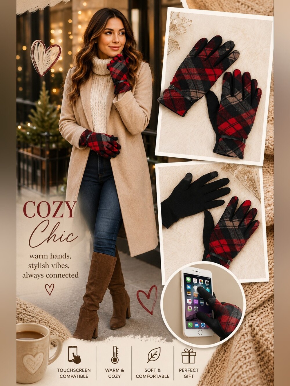 Women's Red Plaid Touchscreen Gloves | Cozy Winter | Soft Warm Tech-Friendly
